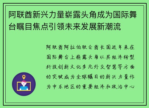 阿联酋新兴力量崭露头角成为国际舞台瞩目焦点引领未来发展新潮流