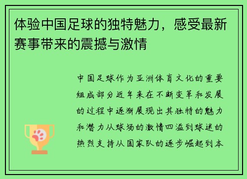 体验中国足球的独特魅力，感受最新赛事带来的震撼与激情