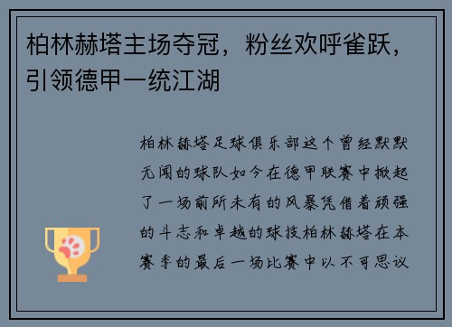 柏林赫塔主场夺冠，粉丝欢呼雀跃，引领德甲一统江湖