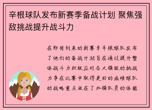 辛根球队发布新赛季备战计划 聚焦强敌挑战提升战斗力