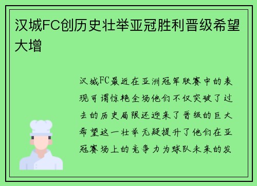 汉城FC创历史壮举亚冠胜利晋级希望大增