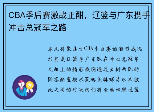 CBA季后赛激战正酣，辽篮与广东携手冲击总冠军之路